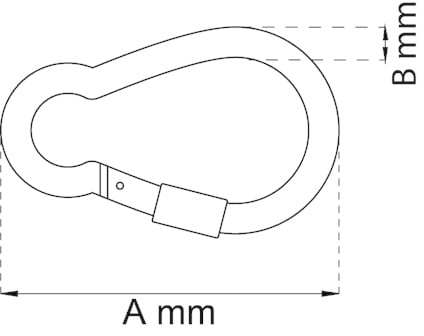 Illustration av en karbinhake med måtten A mm och B mm markerade med pilar.
