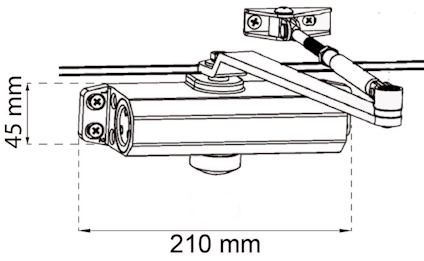 Dörrstängare med måtten 210 mm i längd och 45 mm i höjd, inklusive monteringsdetaljer.