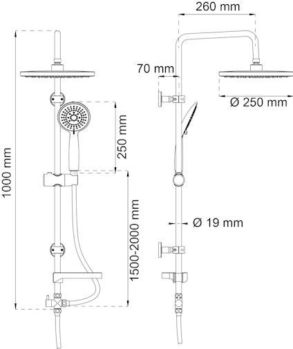 Diagram över duschsystem med två duschhuvuden, måttangivelser på engelska i millimeter.