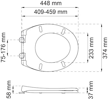 Ritning av toalettlock med mått: 448 mm, 409-459 mm, 233 mm, 374 mm, 75-176 mm, 58 mm, 37 mm.