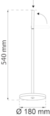 Ritning av stående lampa med höjd 540 mm och basdiameter 180 mm.