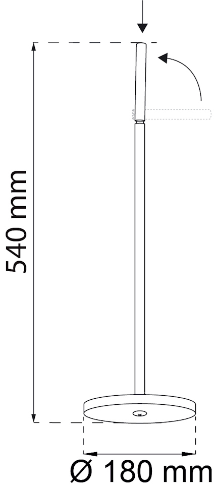 Ritning av stående lampa med höjd 540 mm och basdiameter 180 mm.