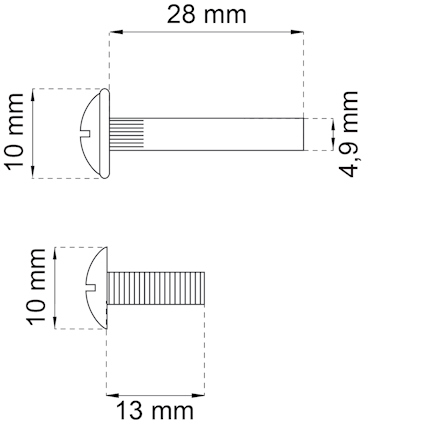 Diagram av ett metallfäste med mått: 28 mm lång, 10 mm huvuddiameter, 4,9 mm skaftdiameter och 13 mm gänglängd.