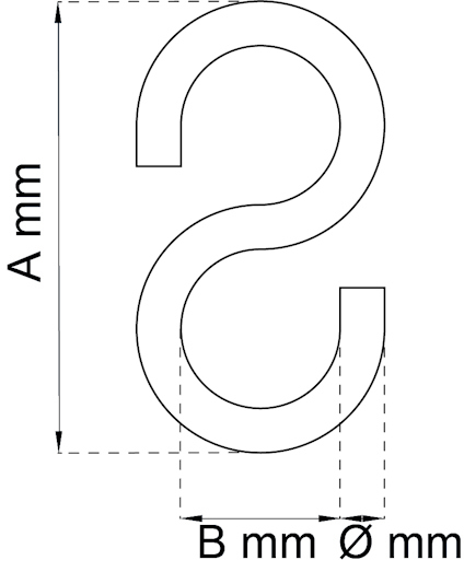 Illustration av en S-formad krok med måtten A mm för längd, B mm för bredd, och Ø mm för tjocklek.