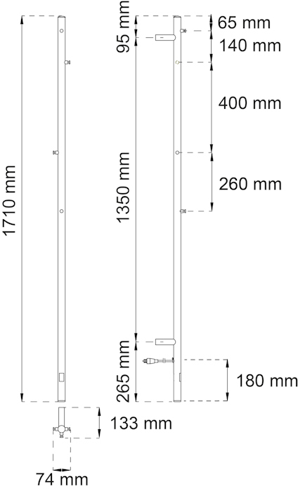 Ritning av avlång stång med olika avståndsangivelser i millimeter: 1710, 1350, 95, 400, 260, 65, 140, 133, 74,