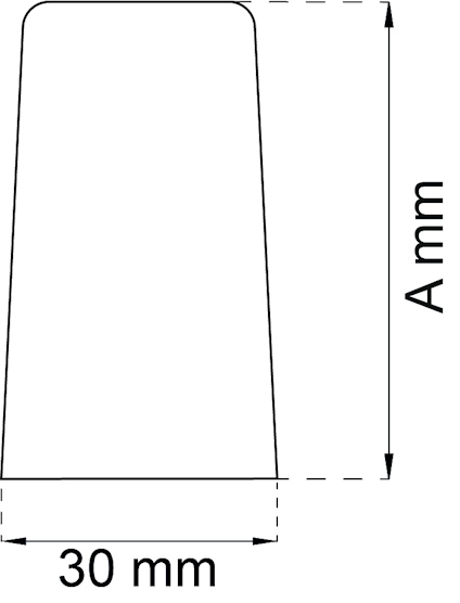 Ritning av trapetsformad föremål, basen 30 mm, höjd markerad som "A mm".