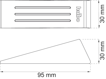 Teknisk illustration av en kilformad dörrstopp från Habo, med måtten 95 x 30 x 30 mm.