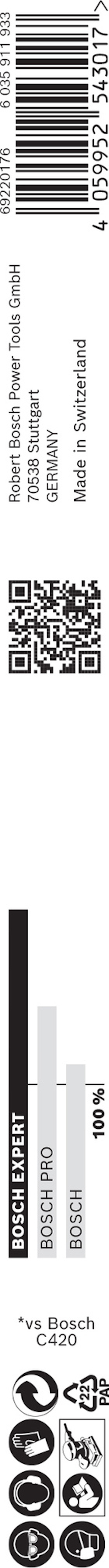 Vit etikett med streckkod, QR-kod och text: "Bosch T101B Basic for Wood" samt piktogram för användning.