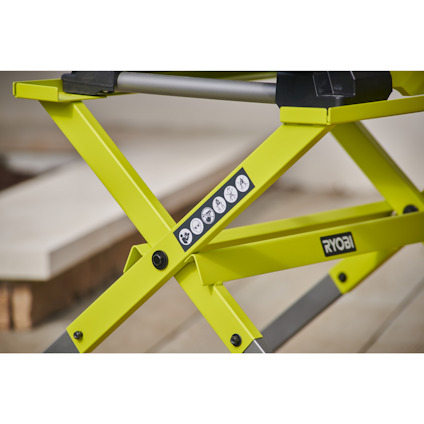 Grön metallstativ med RYOBI-logotyp och säkerhetssymboler på sidan.