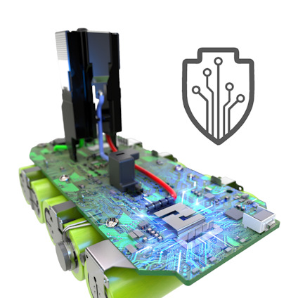 Insidan av ett ONE+ batteri från Ryobi. Kretskort med elektroniska komponenter och ett skyddssymbol till höger.