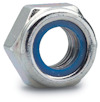 Sexkantig låsmutter med metallfinish och blå insida.