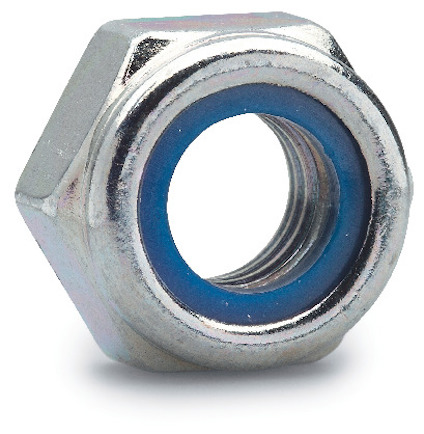 Sexkantig låsmutter med metallfinish och blå insida.