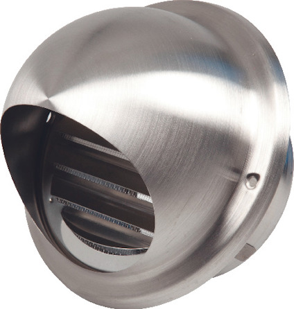 Ventilationshuv av rostfritt stål med rundad design och horisontella galler.