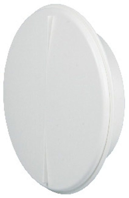 Vit tallriksventil med rund form och slät yta.