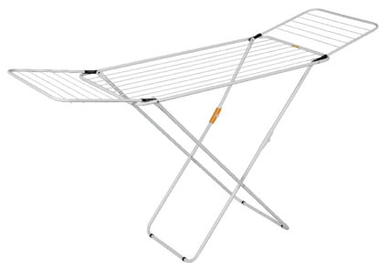 Vit torkställning i metall med två uppfällbara sidovingar och ett korsande benstativ.