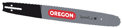 Motorsågsvärd i metall med text "OREGON SpeedCut" i rött och svart.