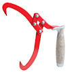 Röd lyftsax med trähandtag och två böjda klor.