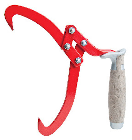 Röd lyftsax med trähandtag och två böjda klor.