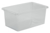 Transparent plastförvaringsbox med lock, rektangulär form.