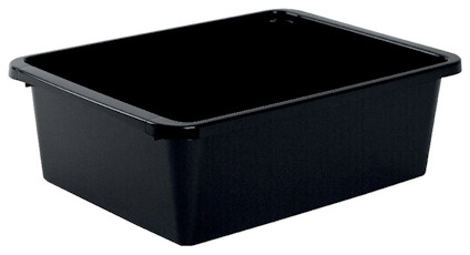 Svart rektangulär förvaringsbox med låga kanter och slät yta.