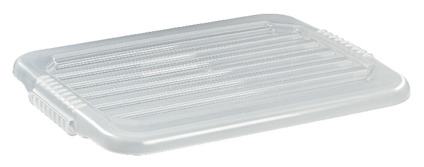 Transparent plastlock med räfflat mönster och handtag på sidorna.
