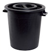 Svart plasttunna med lock och två handtag på sidorna.