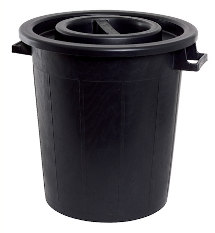 Svart plasttunna med lock och två handtag på sidorna.