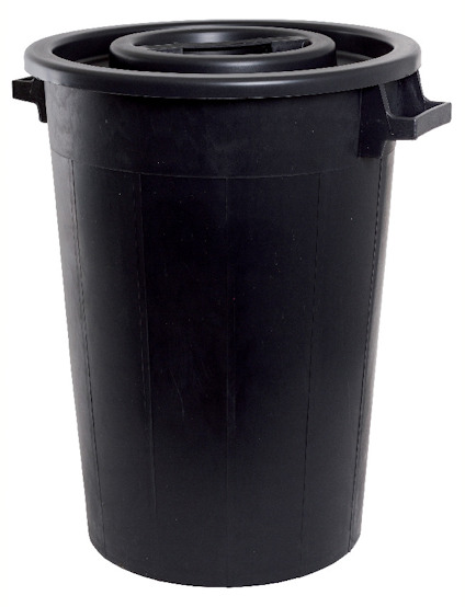 Svart tunna med lock och två handtag, cylindrisk form.