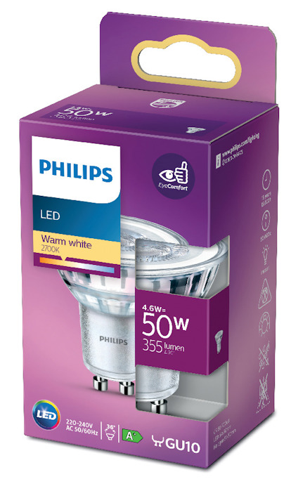 Förpackning av en Philips LED-spotlampa i lila kartong med text "Warm white 2700K", symbol för dimbarhet och energiklass A+.