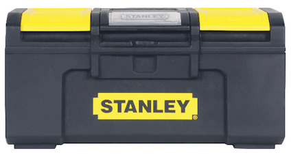 Svart verktygslåda med gula accenter och texten "STANLEY" i gult på framsidan.