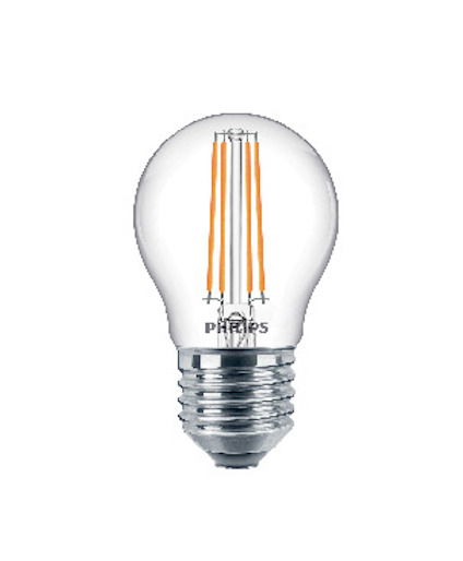 LED-lampa med klotformad glaskropp och synliga filament, metallisk sockel och texten "Philips" på glaset.
