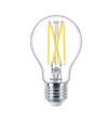 LED-lampa med klart glas och synliga filament. Märkt med "PHILIPS" på sockeln.