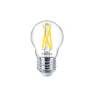 LED-lampa med klotform och E27-sockel, transparent glas och synliga gula filamenttrådar.