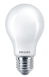 Vit LED-lampa med frostad yta och E27-sockel. Philips-logotyp synlig på lampan.
