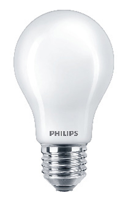 Vit LED-lampa med frostad yta och E27-sockel. Philips-logotyp synlig på lampan.
