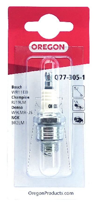 Förpackning med ett tändstift från Oregon, modell Q77-305-1.