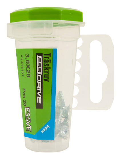 Plastförpackning med grönt lock innehållande träskruv 3.0x20 mm. Text: "ESS DRIVE", "20 PCS", "TRÄSKRUV", "INDOOR".