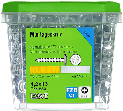 Förpackning med 250 monteringsskruvar, 4,2x13 mm, för trä/stål. Märkt ESSVE, art.nr 572613. Grön lock.