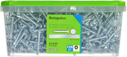Plastlåda med 800 skruvar, etiketttext: "Montageskruv, 4,2x32, FZB C1, ESSVE".