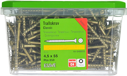 Behållare med trallskruvar, 4,5 x 55 mm, innehåll 250 st, märkt ESSVE, CorriSeal C4, TX20, artikelnummer 648655.