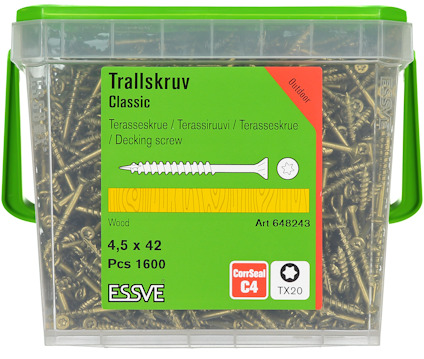 Grön plastlåda med trallskruv. Etikett med texten: "Trallskruv Classic, 4,5x42, Pcs 1600, Essve, C4".