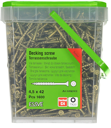 Behållare med Essve terrasskruv 4,5 x 42, 1600 stycken.