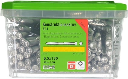 Transparent plastlåda med 100 konstruktionsskruvar, 6,5x130 mm, varumärke ESSVE.
