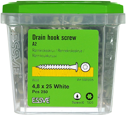 Förpackning med ESSVE rännkroksskruv, 4,8 x 25 mm, vit, 250 st.
