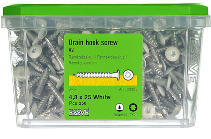 Plastlåda med dräneringskrokskruvar, grönt lock, 4,8 x 25 mm, 250 st. Text: "Drain hook screw, A2".