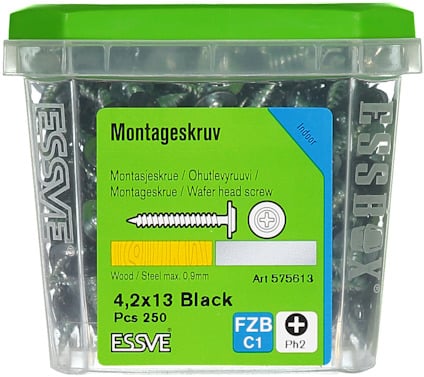 Plastbox med Essve montageskruv, 4,2x13 mm, svart. Text: Montasjeskrue, 250 st, FZB C1, Art 575613, Ph2.