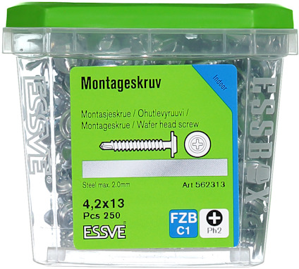 Plastlåda med 250 montageskruvar, Essve, 4,2x13 mm, FZB C1, för inomhusbruk.