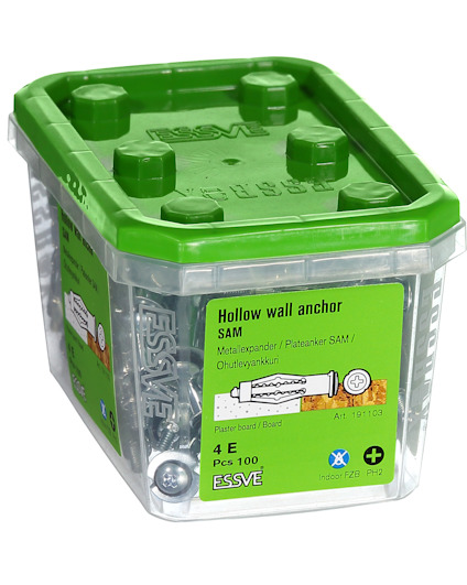 Grön och transparent förpackning med "Hollow wall anchor SAM" från ESSVE, innehållande 100 delar.