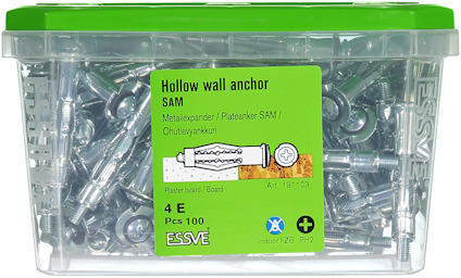 Förpackning med 100 hålrumsexpanders från ESSVE, märkt "Hollow wall anchor SAM".