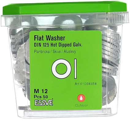 Förpackning med skivbrickor, M12, 50 st. Text: "Flat Washer, DIN 125 Hot Dipped Galv. Art 611068858".